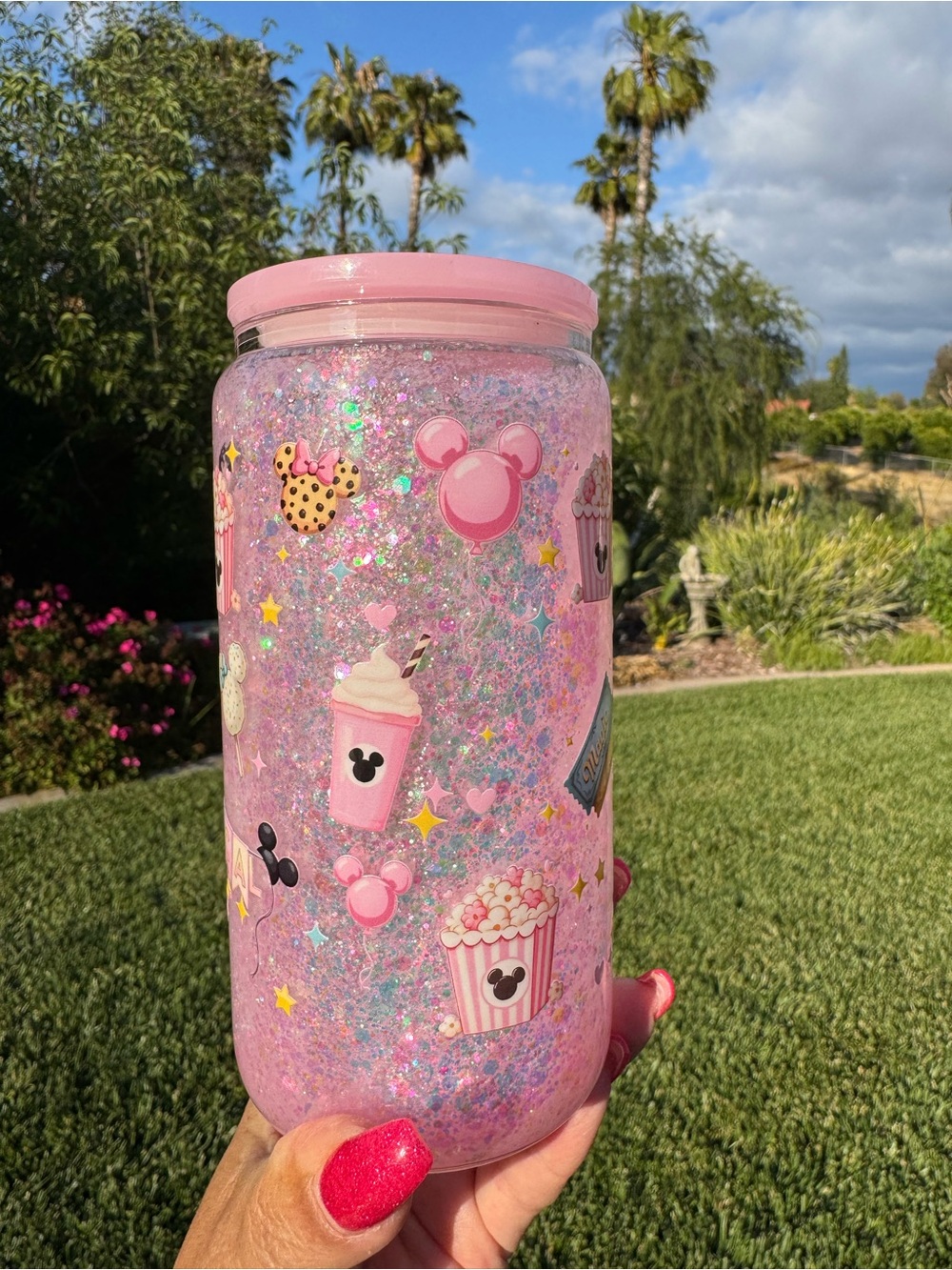 Disney Parks Magical snow globe glass Tumbler with decorated lid 16oz - Picture 2 of 5